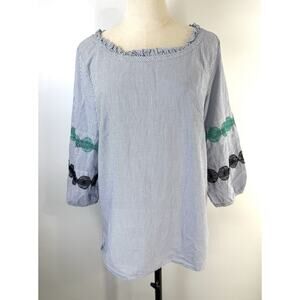 talbots women’s Striped Lace Balloon Sleeve Top Blouse Cotton Large Ruffle